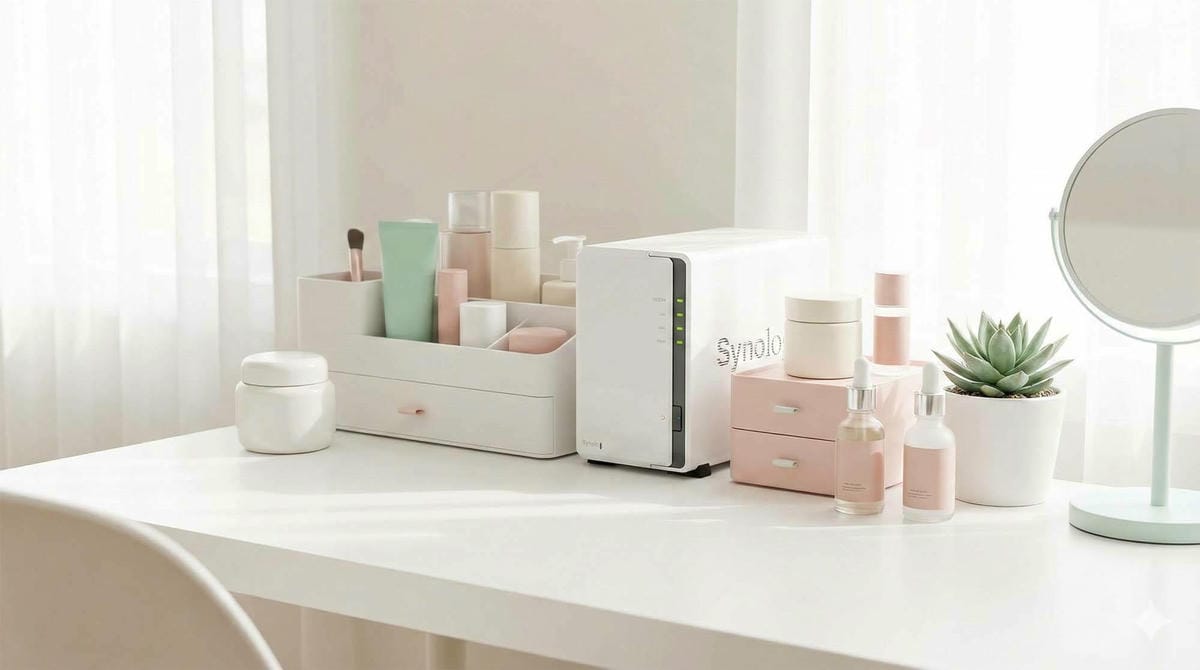 極簡風格的白色書桌，放置著化妝品與一台白色的 Synology NAS (Minimalist White Desk with Cosmetics and a White Synology NAS)