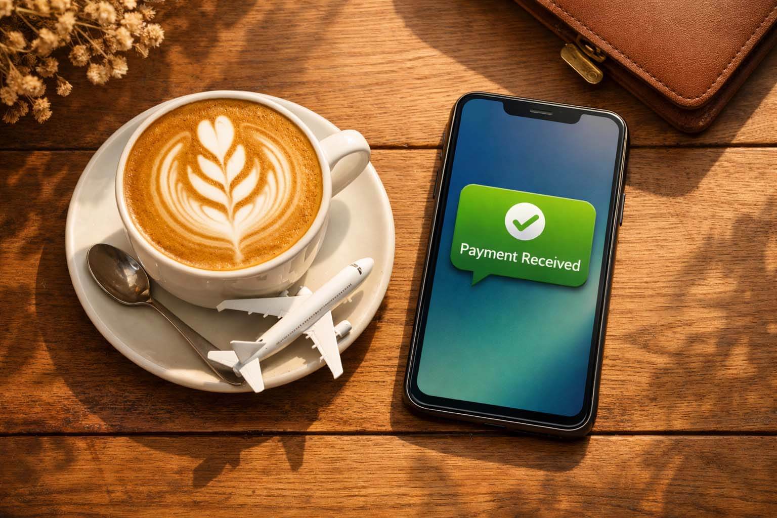 女性在明亮舒適的店面看著手機微笑，象徵安心的哩程交易體驗 / Woman smiling at her phone in a bright comfortable store, symbolizing a safe mileage trading experience.